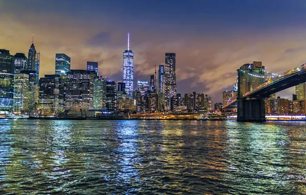 Bridge, lights, New York, panorama, Manhattan, skyscrapers, New York City