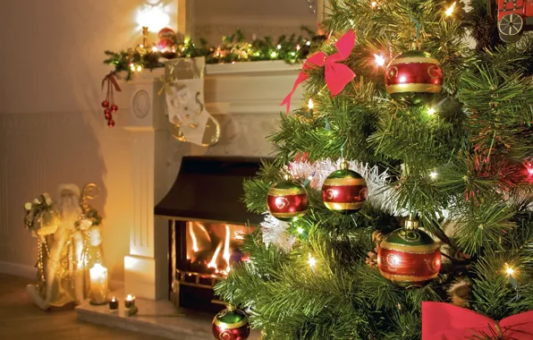 Room, holiday, tree, candles, tree, fireplace, Santa Claus