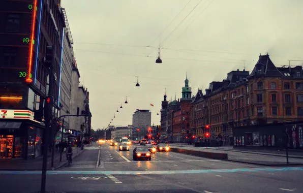 Picture cars, people, neon, dusk, streets, Denmark, Copenhagen, sidewalk