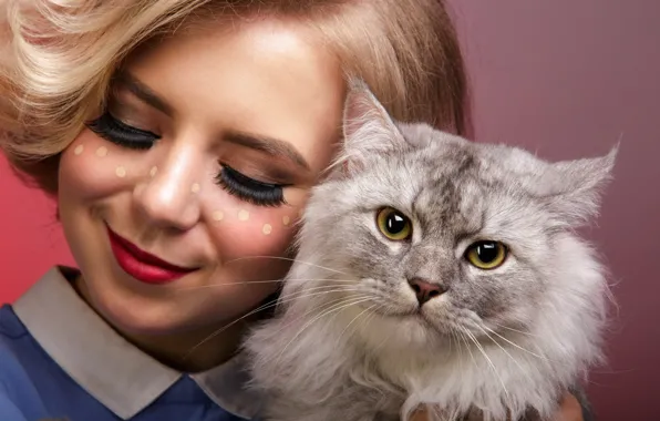 Picture cat, girl, smile, sponge