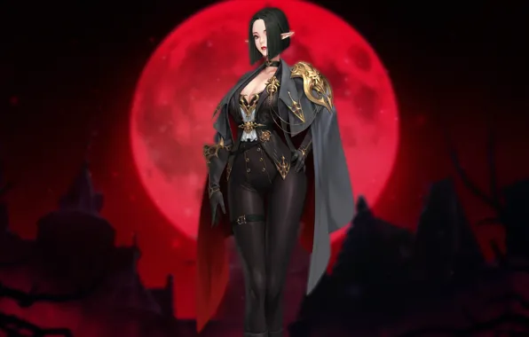 Girl, Night, The moon, Style, Girl, Costume, Elf, Moon