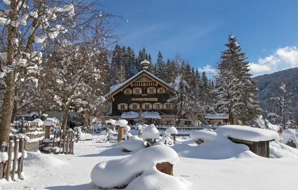 Winter, snow, trees, house, Austria, village, the snow, Austria