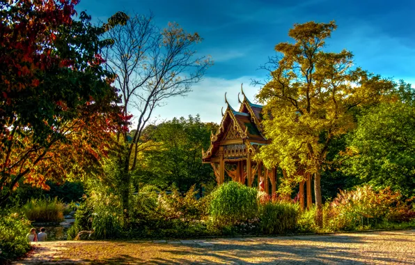 Autumn, trees, pond, Park, Germany, Bayern, pagoda, Sunny