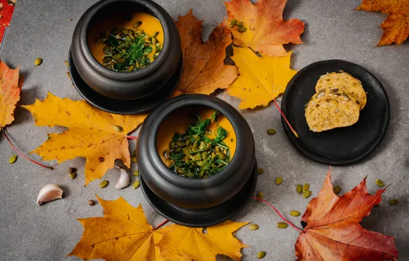 Greens, leaves, table, bread, maple, garlic, submission, pots