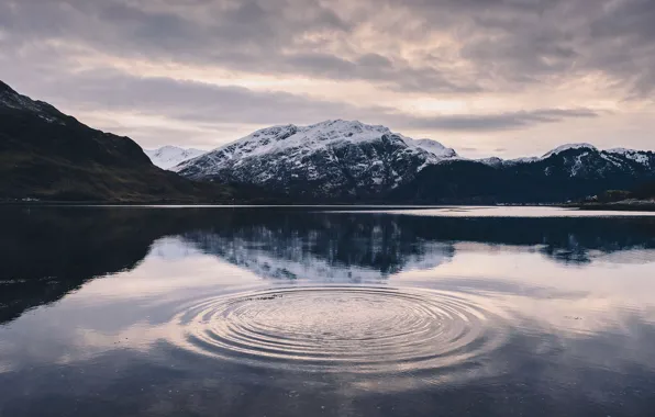 Snow, mountains, lake, reflection, stones