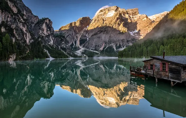 Picture mountains, lake, reflection, Italy, The Dolomites