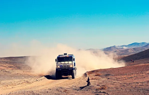 Road, sand, the sky, mountains, blue, dust, truck, Russia