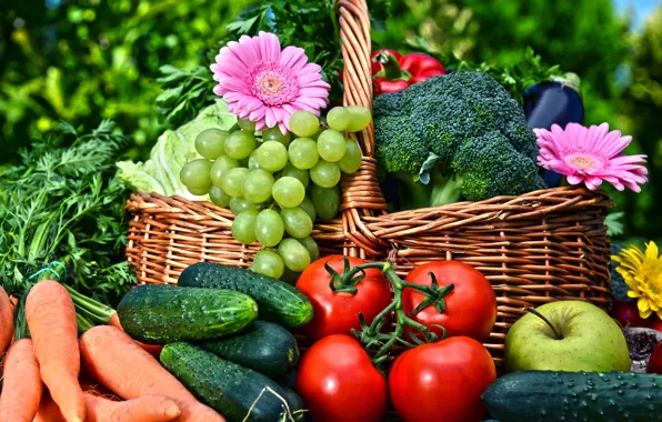 Greens, flowers, basket, Apple, grapes, pepper, fruit, gerbera