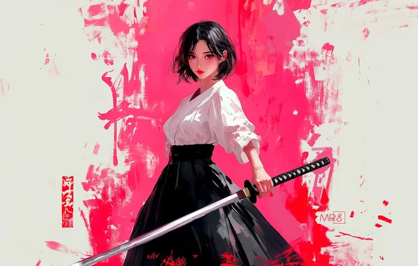 Girl, sword, fantasy, katana, brunette, samurai, asian, digital art