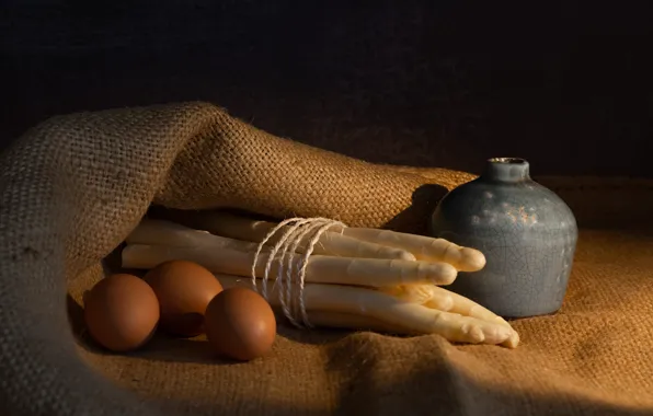 The dark background, eggs, Easter, the beam, still life, items, burlap, vase