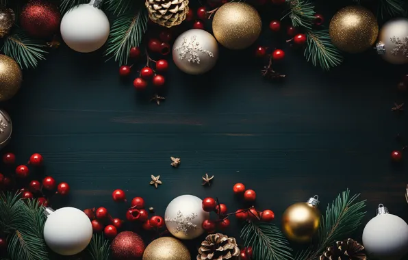 Balls, branches, Christmas, red, New year, needles, blue background, Christmas decorations
