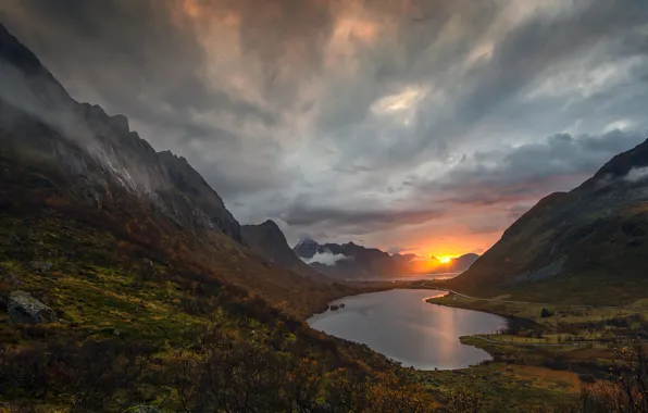 Picture autumn, sunset, mountains, nature, lake, slope, pond