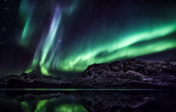 Picture stars, mountains, lake, reflection, Northern lights