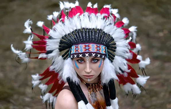 Picture look, girl, face, feathers, paint, roach, Vyacheslav Turcan