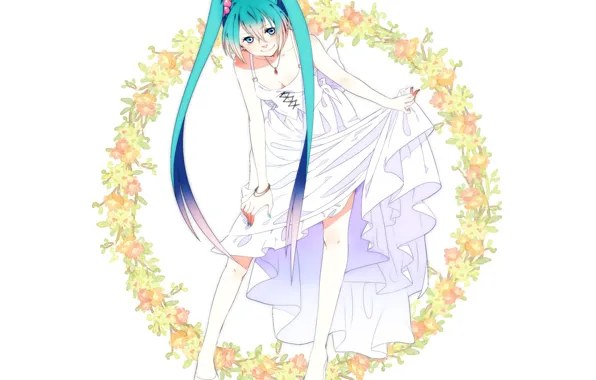 Smile, white background, Hatsune Miku, Vocaloid, wreath, long hair, sundress, lacing
