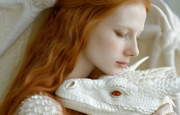White, look, face, girl, pose, dragon, wings, fantasy
