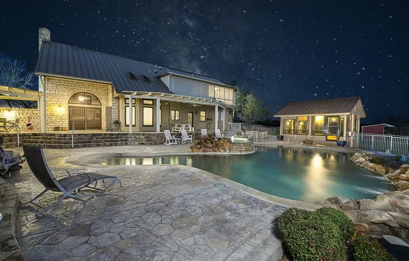 Picture the sky, stars, night, lights, house, interior, pool, yard