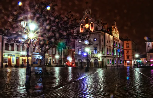 Night, lights, glare, tree, street, home, Poland, lights