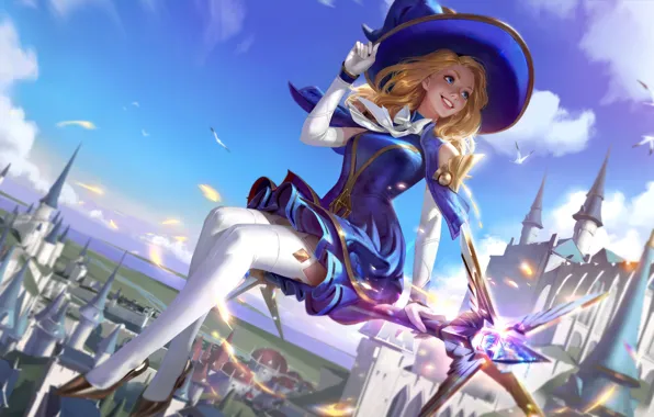 Picture girl, fantasy, game, blue eyes, Lux, League of Legends, castle, blonde