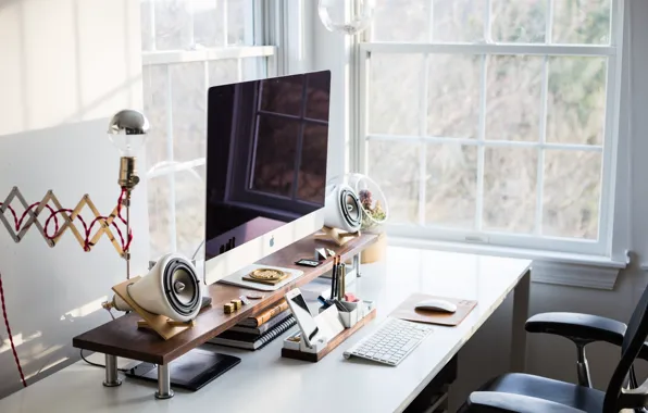 Picture Interior, Desk, Lamp, Window, Computer