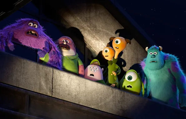 Roof, night, cartoon, stars, monsters, students, Academy of monsters, Monsters University