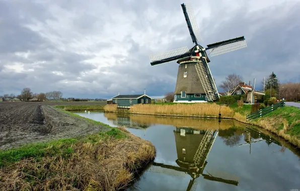 Picture autumn, the sky, clouds, mill, channel, Netherlands