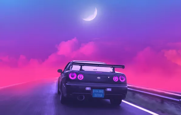 Road, clouds, moon, sky, Nissan Gtr, Synthwave, pink Color