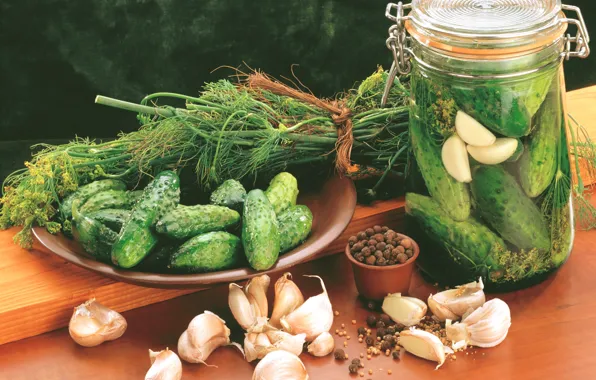 Picture greens, Wallpaper, dill, pepper, picture, cucumbers, garlic, glass jar