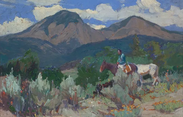 Mountains, horse, Oscar Edmund Berninghaus, rplaca, Taos Mountain, Indian and