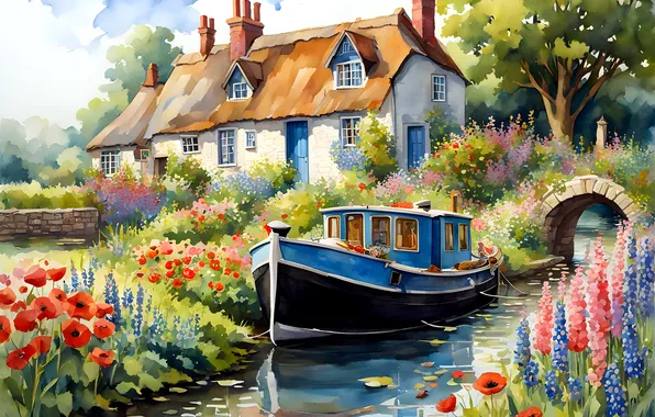 Summer, landscape, flowers, nature, comfort, house, boat, garden