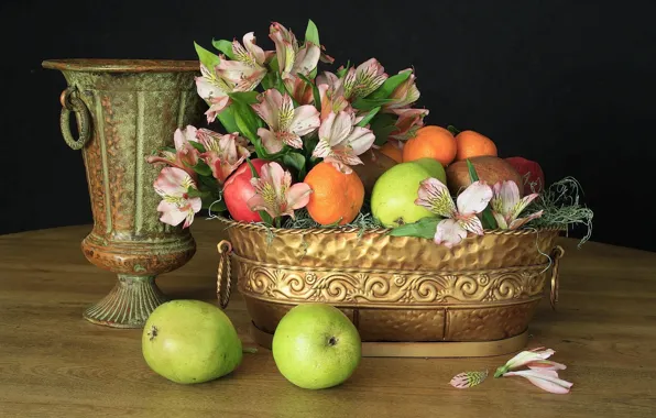 Flowers, fruits, pears, Still life, apples, alstromeria, gold vase