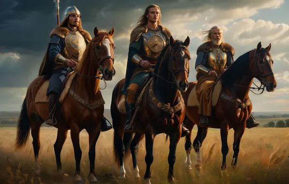 Picture, horse, trio, three heroes