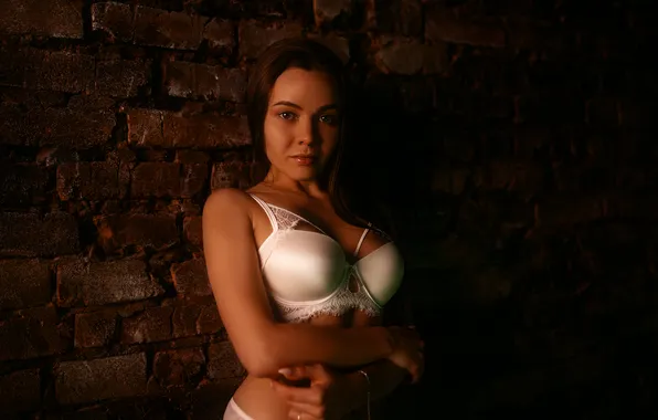 Chest, look, girl, pose, wall, hands, linen, bra