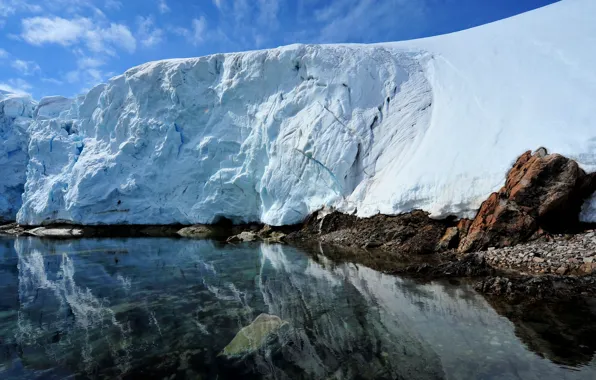Ice, water, snow, reflection, stones, glacier, Antarctica