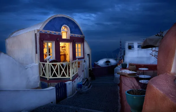 Night, house, the evening, Santorini, Greece