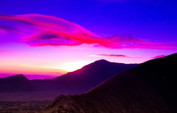 The sky, clouds, sunset, mountains, color, glow