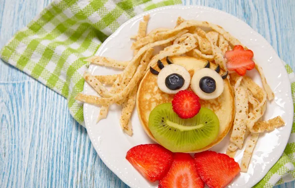 Picture Design, Strawberry, Plate, Kiwi, Food, Pancakes