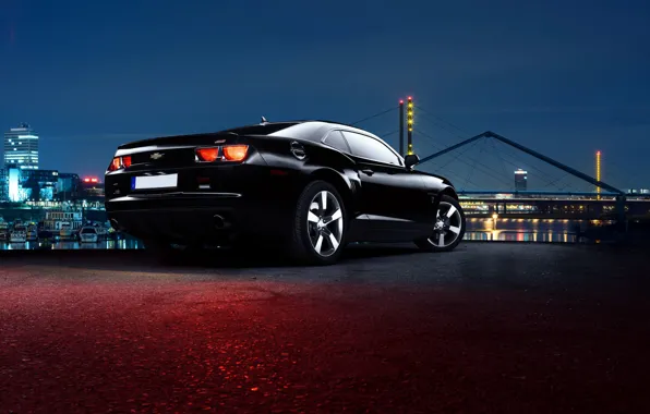 Picture Chevrolet, Muscle, City, Camaro, Car, Black, Rear, Nigth