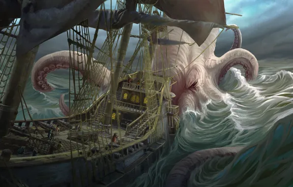 Wave, people, ship, fantasy, art, octopus