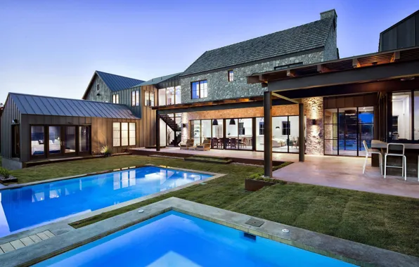 The evening, pool, lighting, architecture, Texas, Texas, ranch, Farmhouse