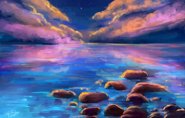 Picture sea, the sky, stars, clouds, landscape, reflection, stones, art