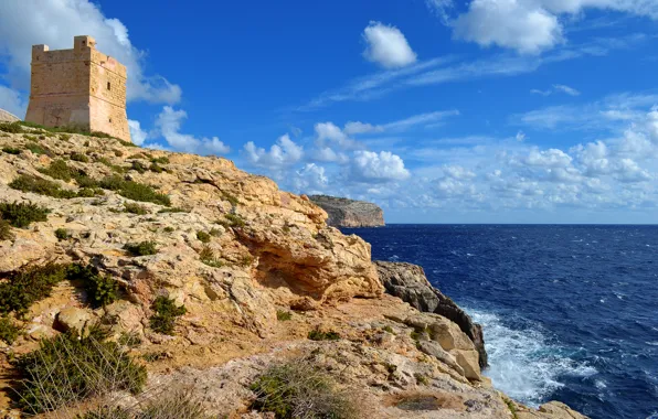 Picture sea, the sky, clouds, rocks, tower, fortress, Malta