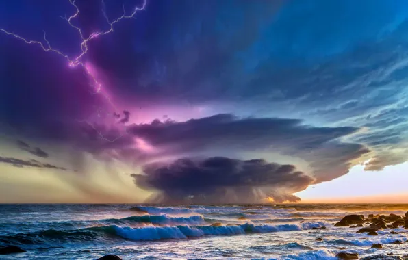 Sea, wave, the sky, storm, element, lightning
