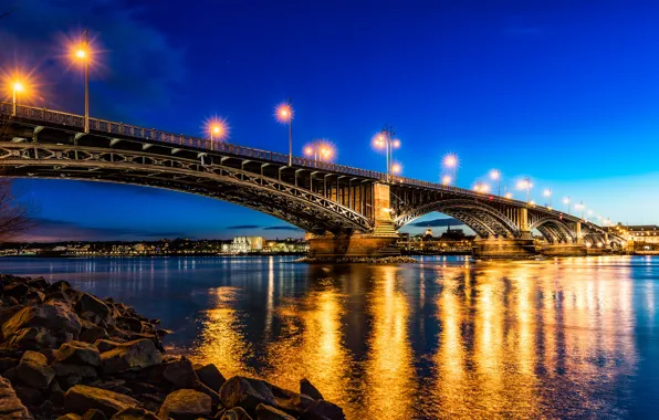 Bridge, the city, lights, river, Germany, Rhine, Mainz, Theodor Heuss Bridge