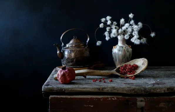 Flowers, style, retro, berries, the dark background, table, bouquet, kettle