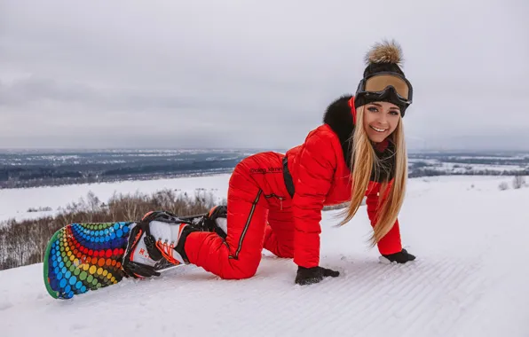 Winter, girl, snow, pose, smile, snowboard, glasses, jumpsuit