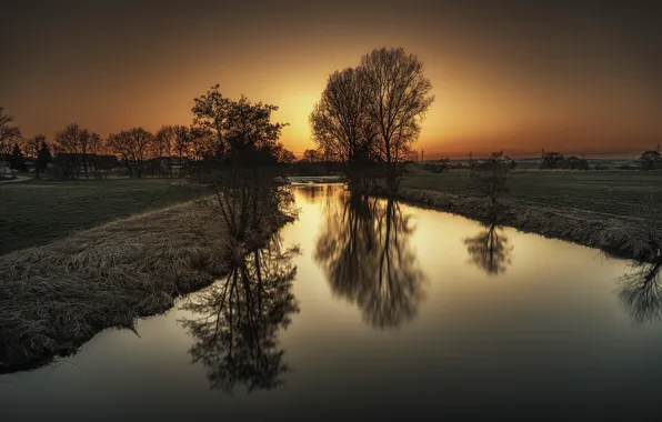 Field, trees, sunset, Autumn, channel, trees, sunset, water