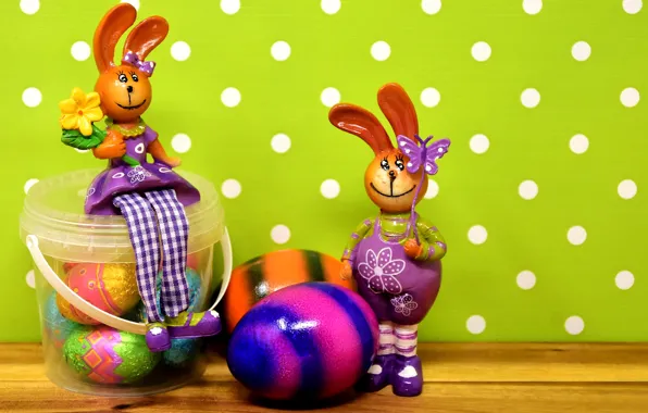 Holiday, toys, eggs, spring, polka dot, candy, Easter, rabbits