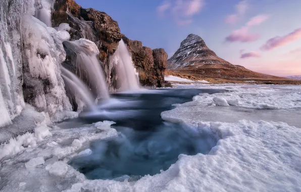 Ice, winter, nature, mountain, waterfall, Iceland
