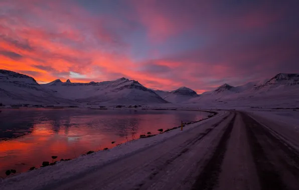 Picture winter, road, the sky, water, clouds, snow, sunset, mountains